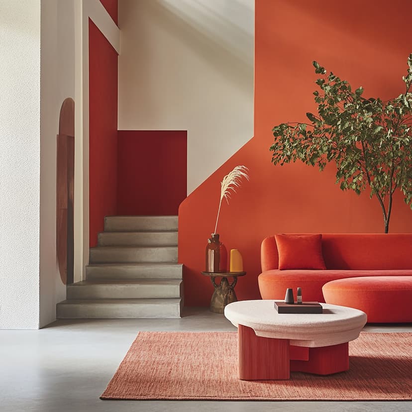 Red couch with potted plant